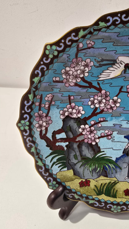 Vintage Cloisonne Plate with Cranes and Cherry Blossoms