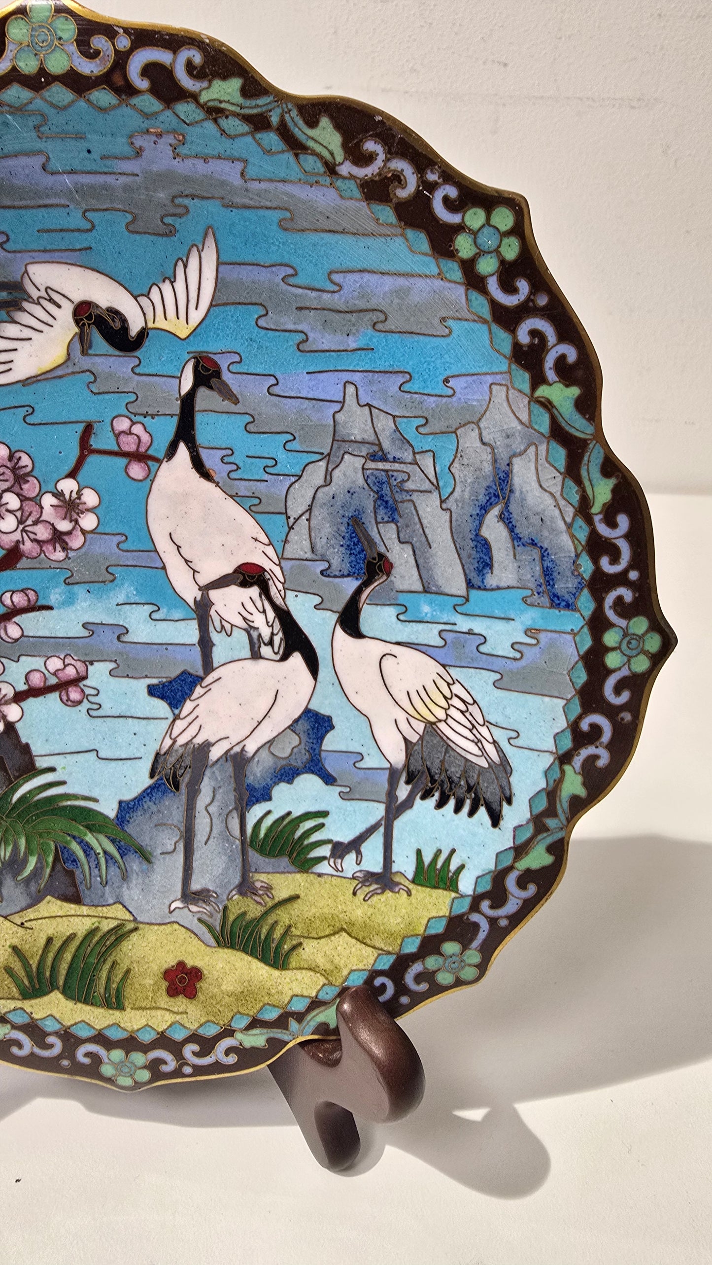 Vintage Cloisonne Plate with Cranes and Cherry Blossoms