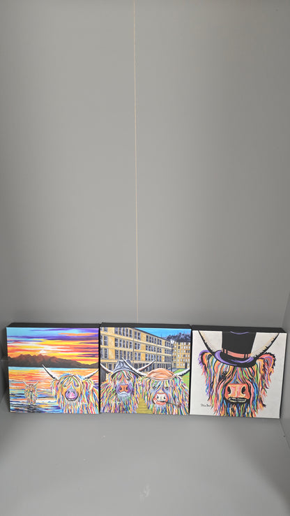 Steven Brown McCoo Canvas Set of 3 Highland Cow Art 8"x8"