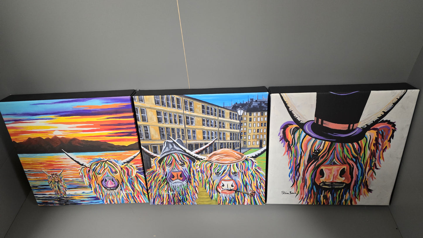 Steven Brown McCoo Canvas Set of 3 Highland Cow Art 8"x8"