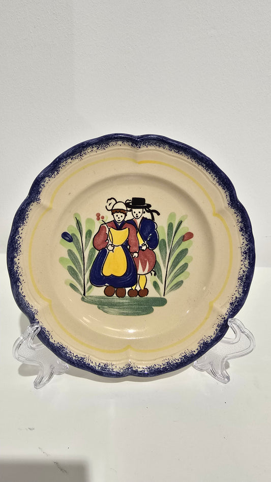 Vintage French Faience Plate Breton Couple Hand Painted Pottery Ceramic