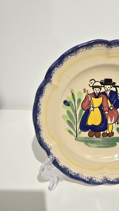 Vintage French Faience Plate Breton Couple Hand Painted Pottery Ceramic