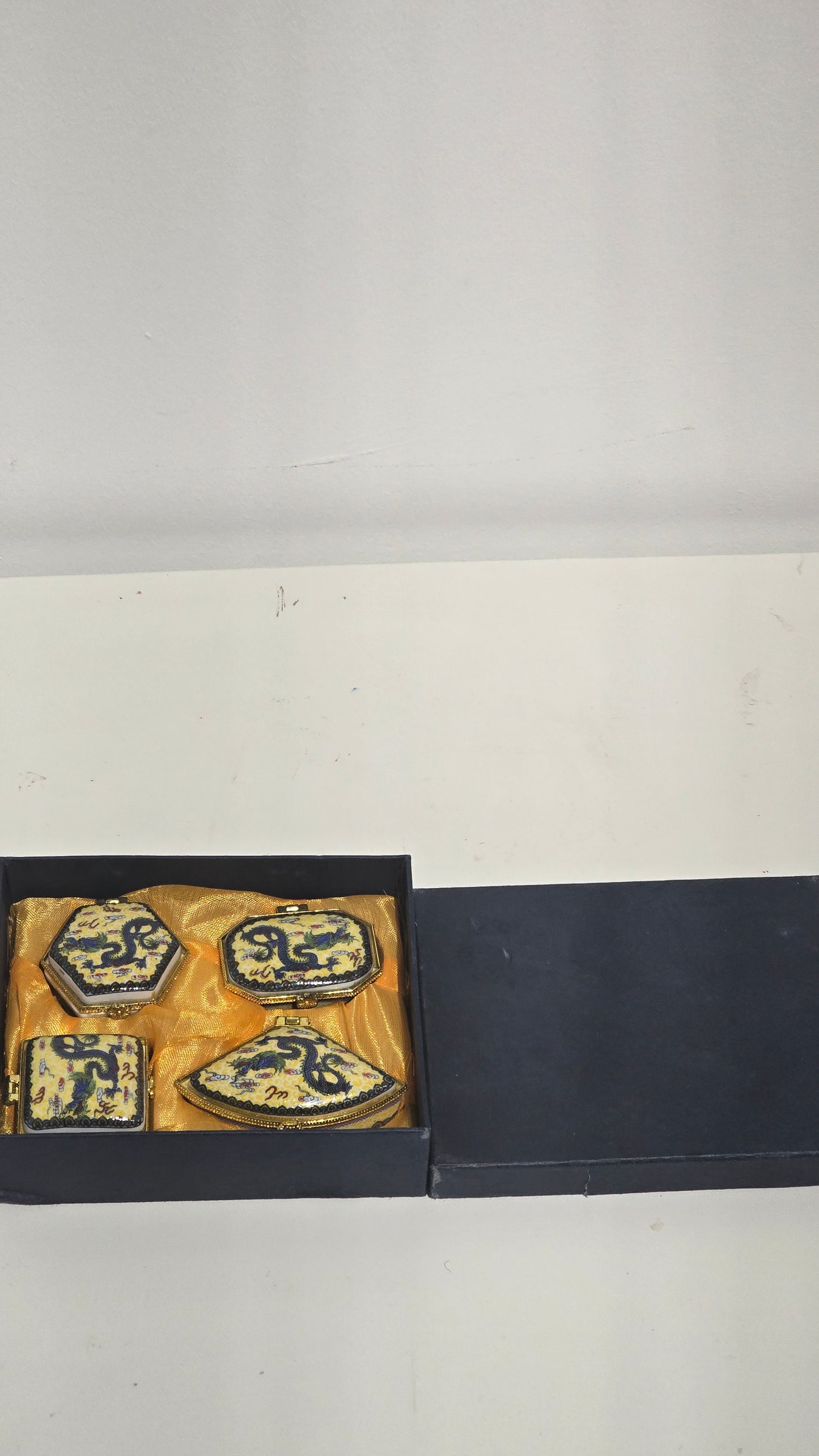Vintage Chinese Porcelain Imperial Dragon Hinged Trinket Box Set of 4 Pill Case Box