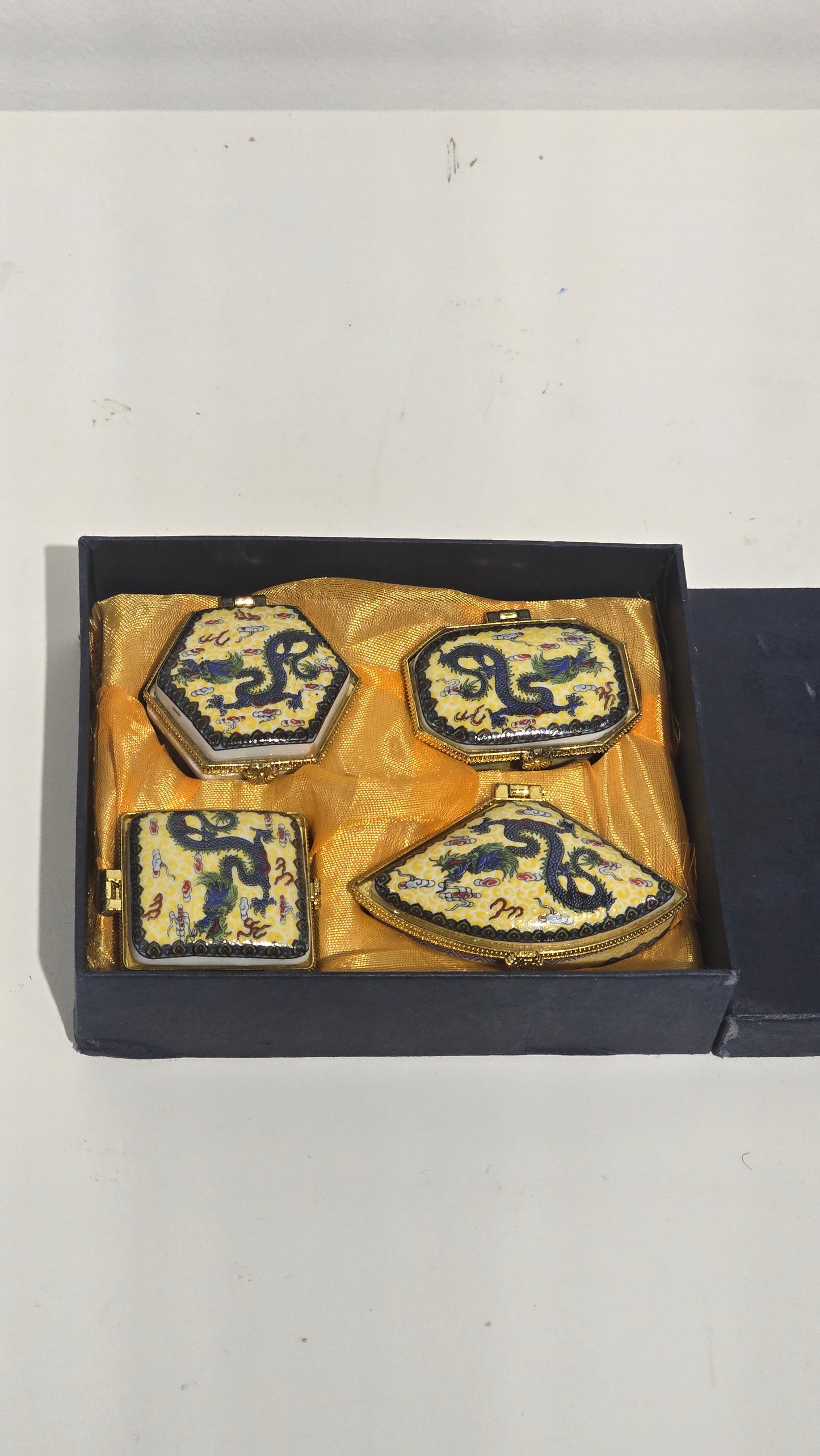 Vintage Chinese Porcelain Imperial Dragon Hinged Trinket Box Set of 4 Pill Case Box
