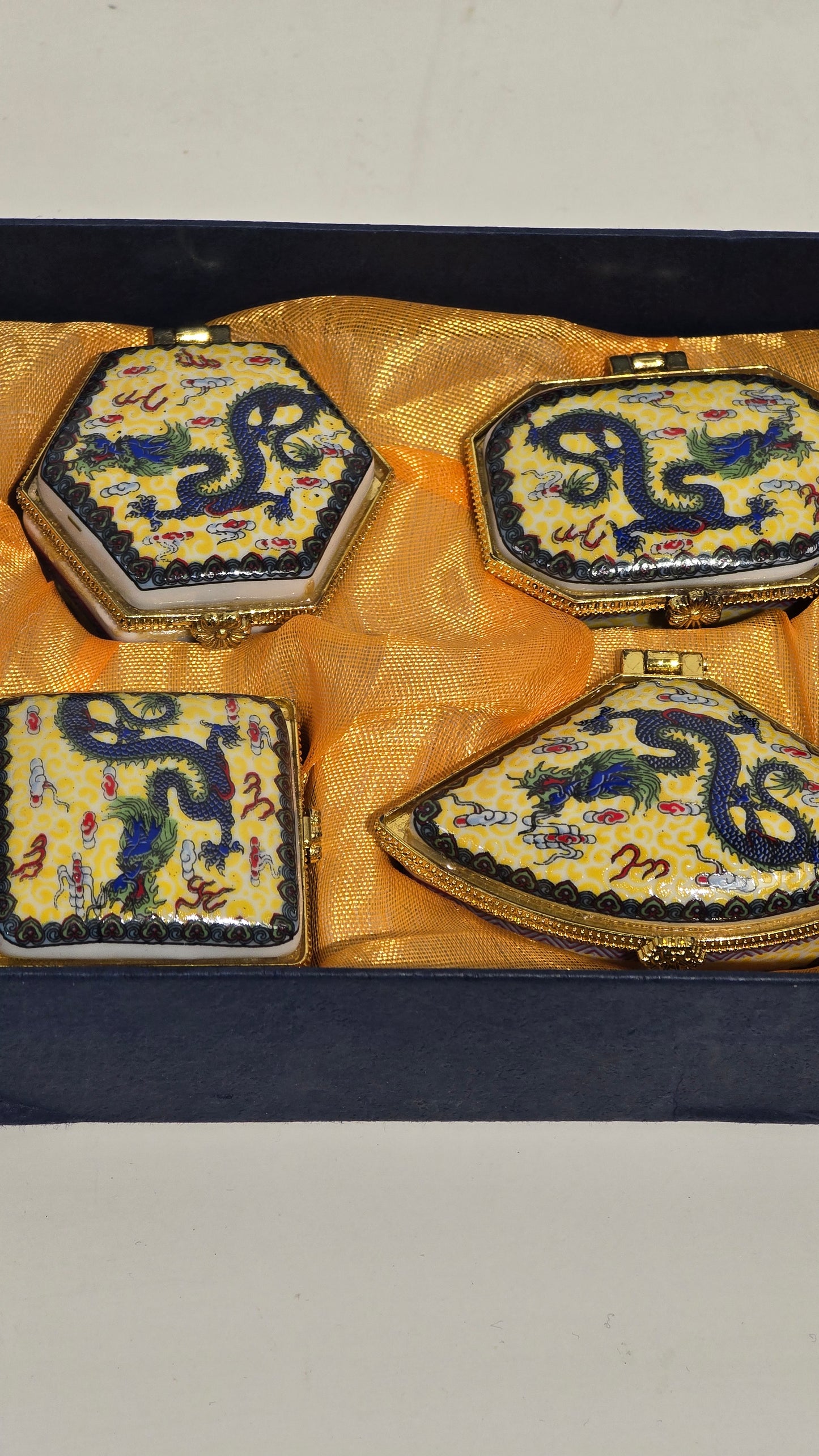 Vintage Chinese Porcelain Imperial Dragon Hinged Trinket Box Set of 4 Pill Case Box