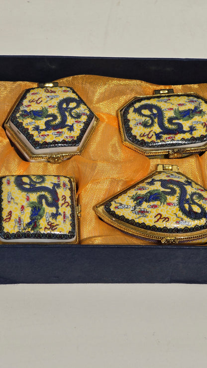 Vintage Chinese Porcelain Imperial Dragon Hinged Trinket Box Set of 4 Pill Case Box