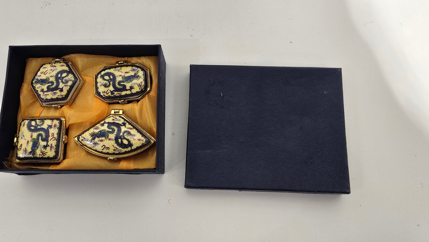 Vintage Chinese Porcelain Imperial Dragon Hinged Trinket Box Set of 4 Pill Case Box