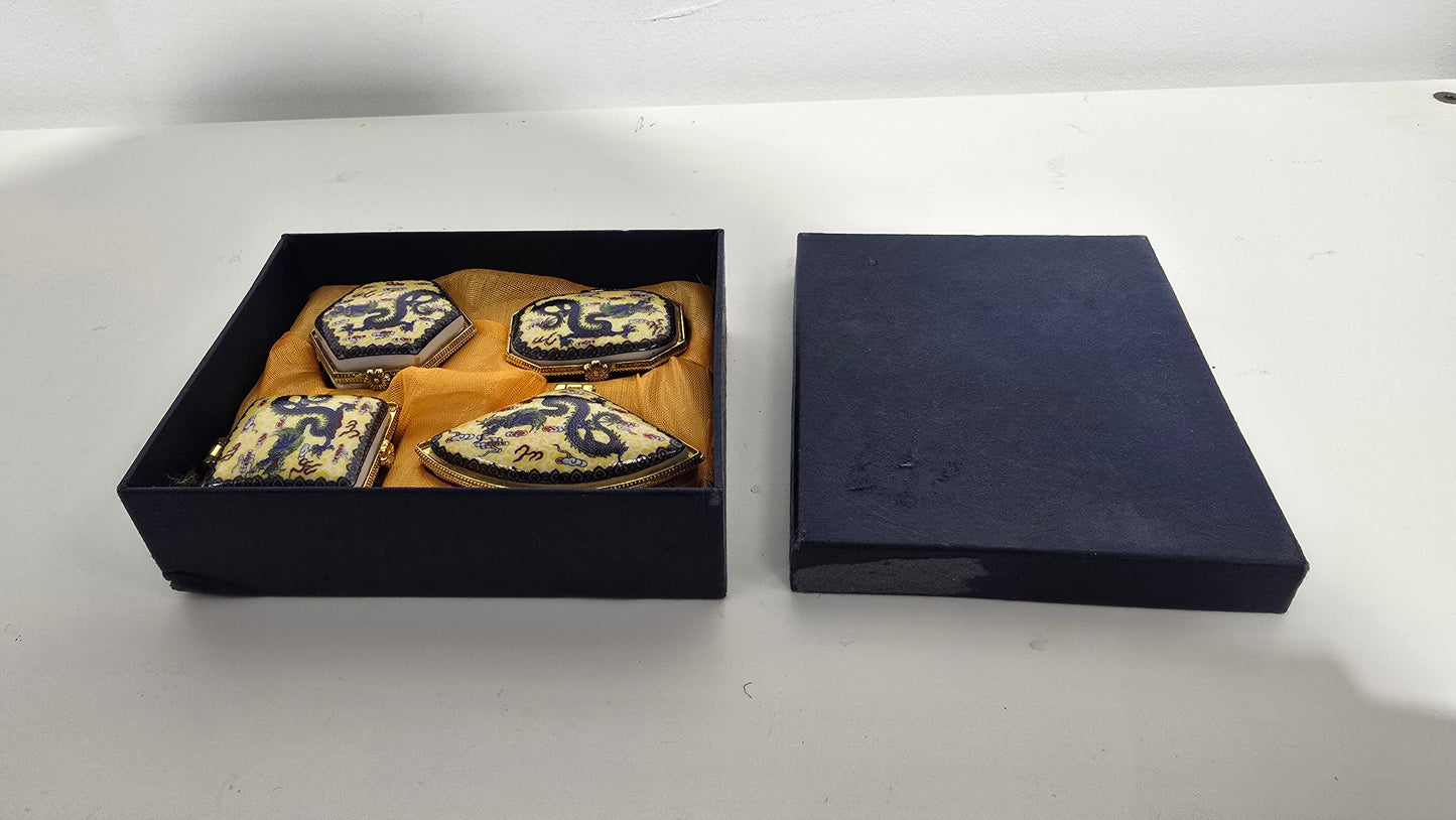 Vintage Chinese Porcelain Imperial Dragon Hinged Trinket Box Set of 4 Pill Case Box