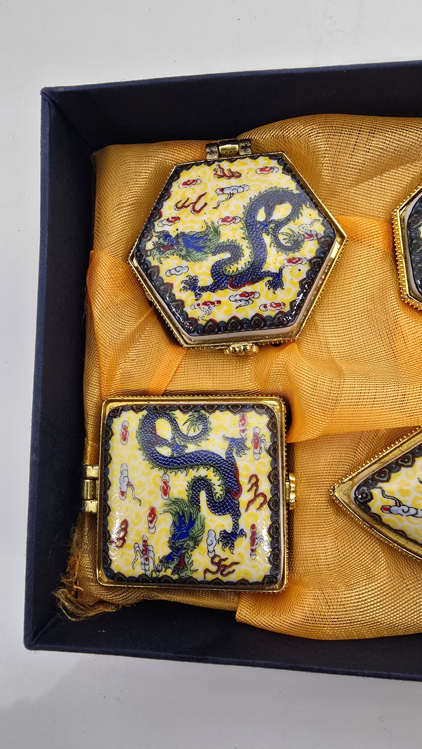 Vintage Chinese Porcelain Imperial Dragon Hinged Trinket Box Set of 4 Pill Case Box