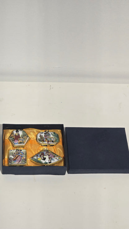 Vintage Chinese Porcelain Hinged Trinket Box Set of 4 Chinoiserie Geisha Pill Case