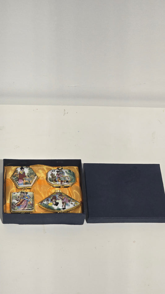 Vintage Chinese Porcelain Hinged Trinket Box Set of 4 Chinoiserie Geisha Pill Case