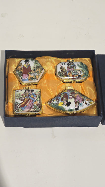 Vintage Chinese Porcelain Hinged Trinket Box Set of 4 Chinoiserie Geisha Pill Case