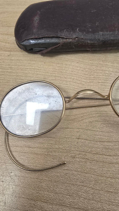 Antique Gold Filled Round Wire Rim Eyeglasses Spectacles Windsor Glasses With Case