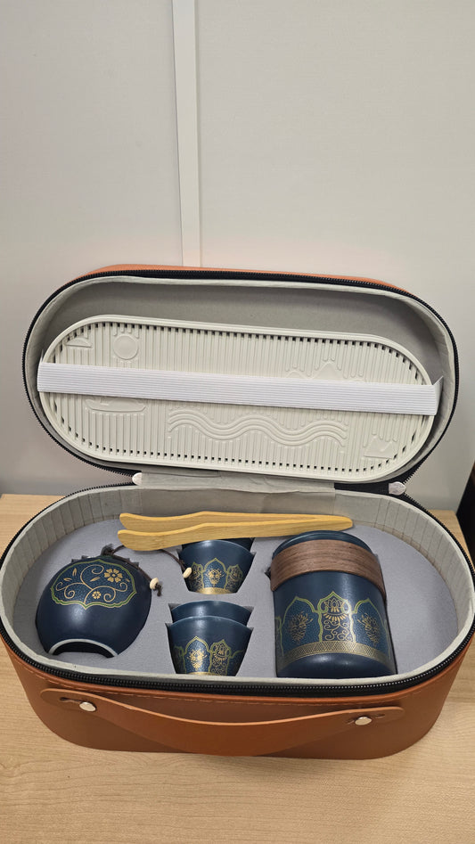 Travel Kung Fu Set Blue Gold Ceramic Portable Complete Set Case