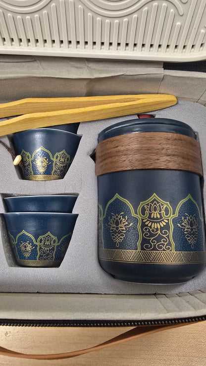 Travel Kung Fu Set Blue Gold Ceramic Portable Complete Set Case