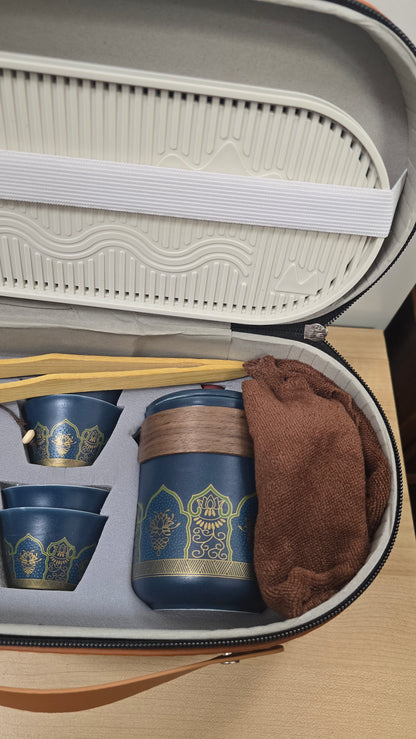 Travel Kung Fu Set Blue Gold Ceramic Portable Complete Set Case