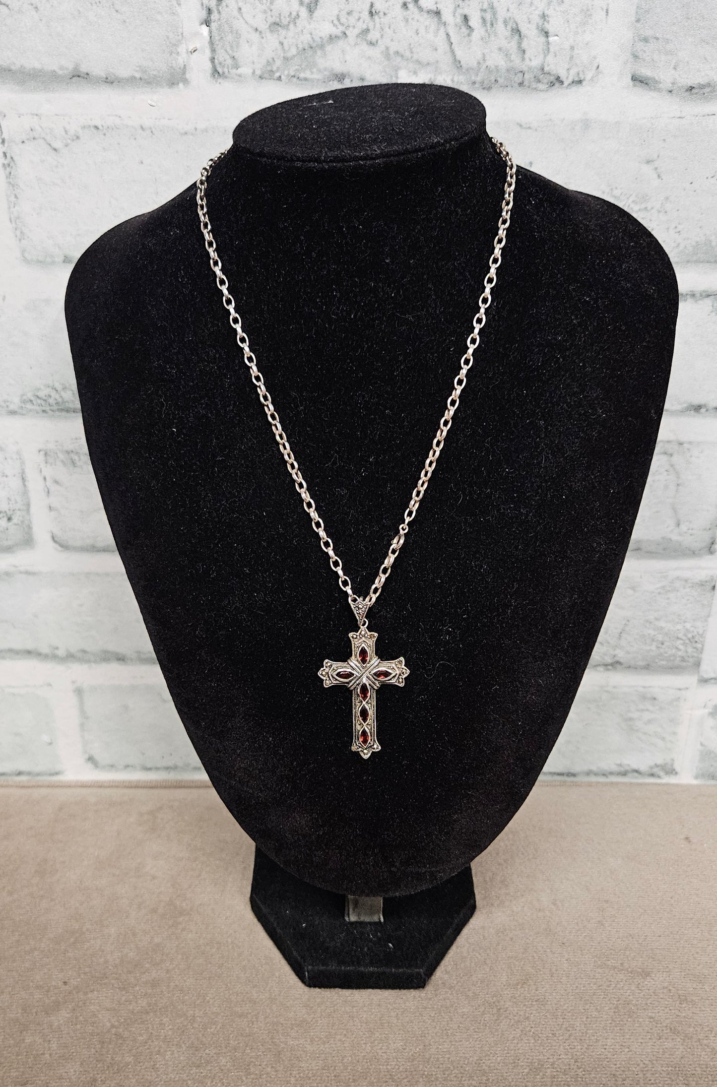 Sterling Silver Cross Pendant with Red Stones and Sterling Silver Chain