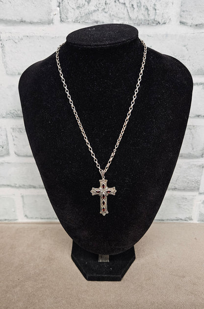 Sterling Silver Cross Pendant with Red Stones and Sterling Silver Chain