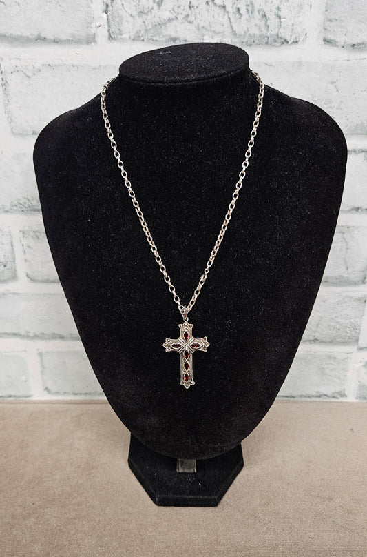 Sterling Silver Cross Pendant with Red Stones and Sterling Silver Chain