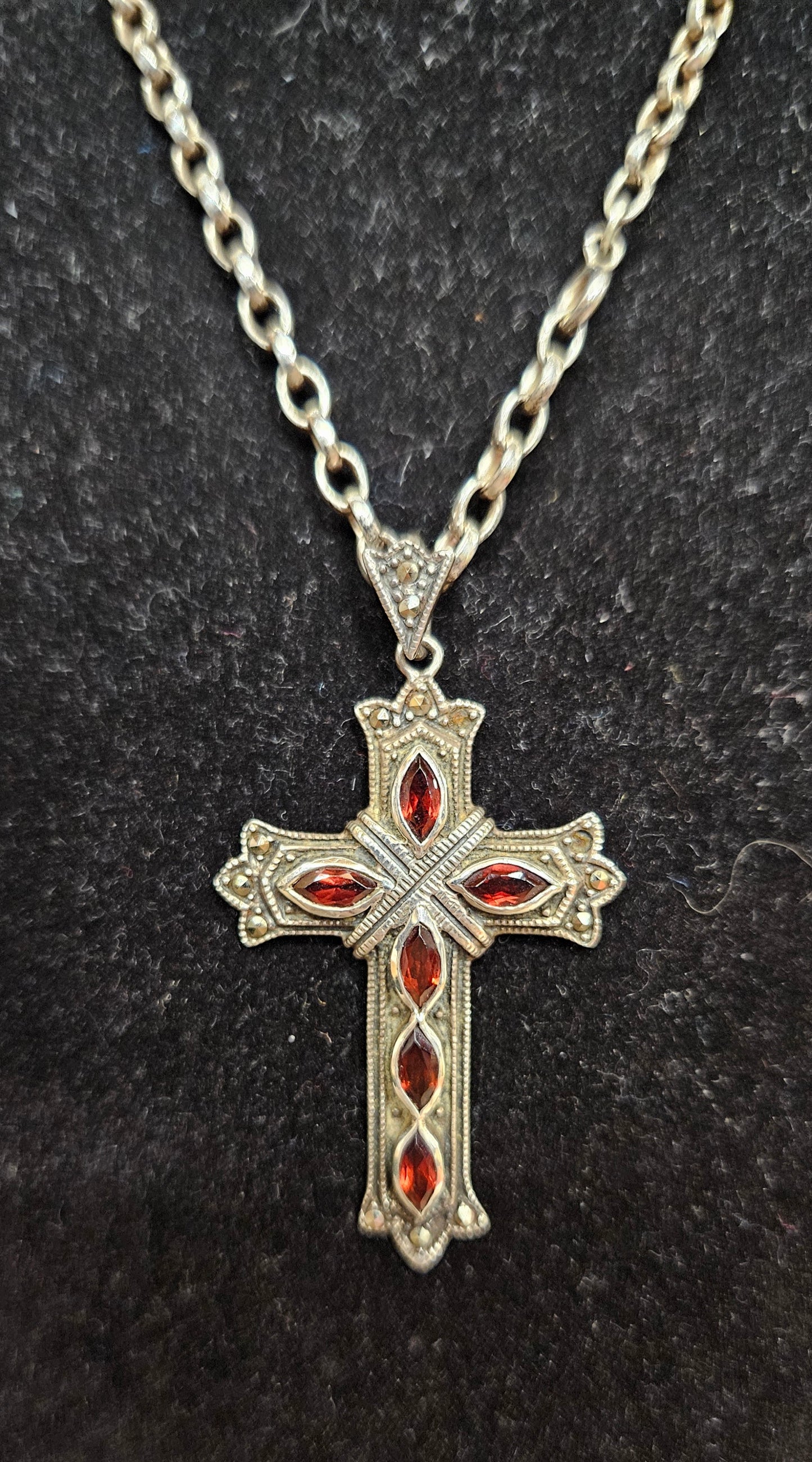 Sterling Silver Cross Pendant with Red Stones and Sterling Silver Chain