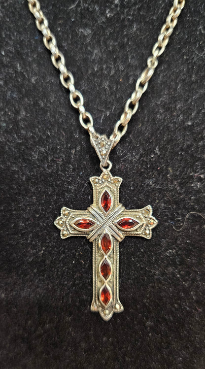 Sterling Silver Cross Pendant with Red Stones and Sterling Silver Chain