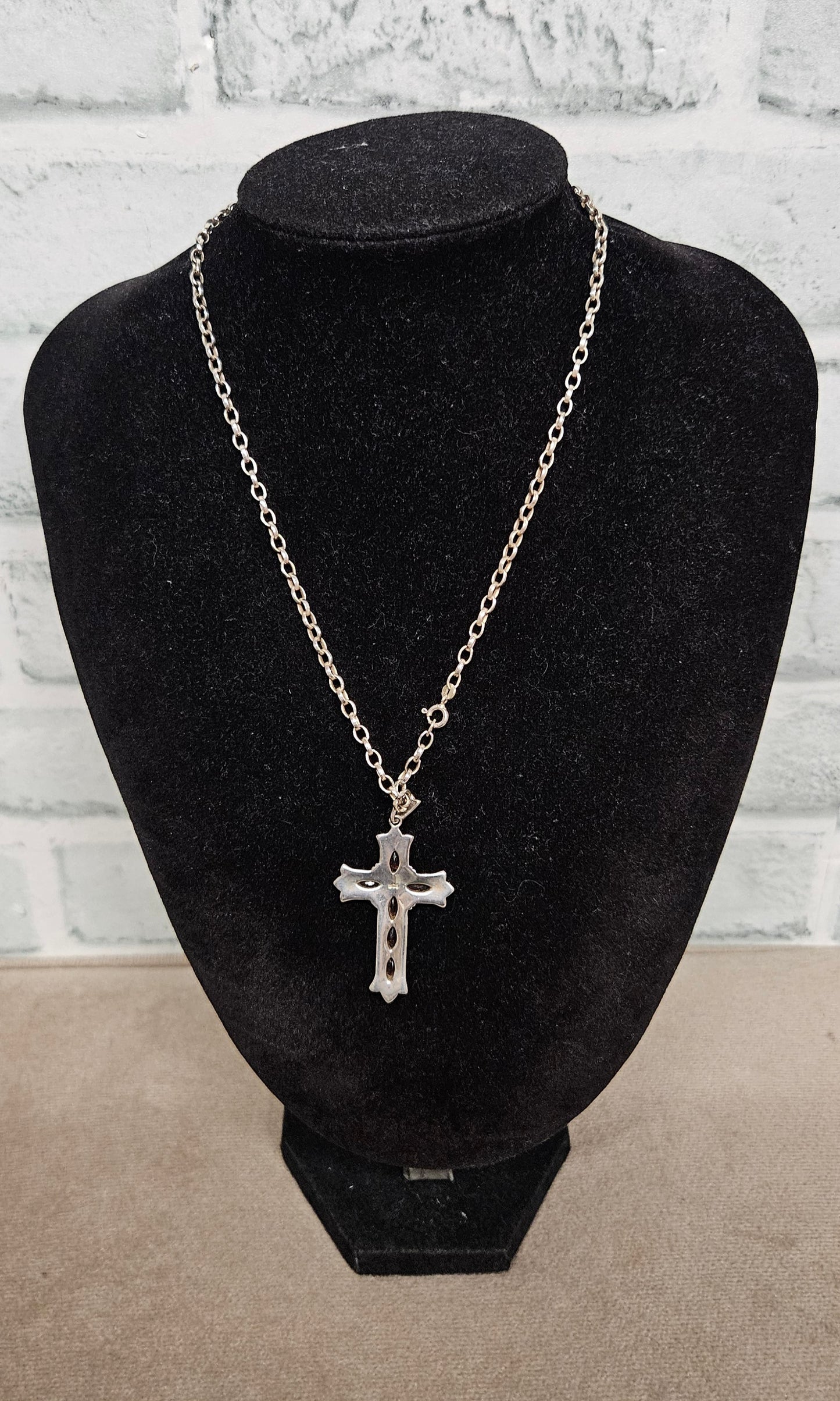 Sterling Silver Cross Pendant with Red Stones and Sterling Silver Chain