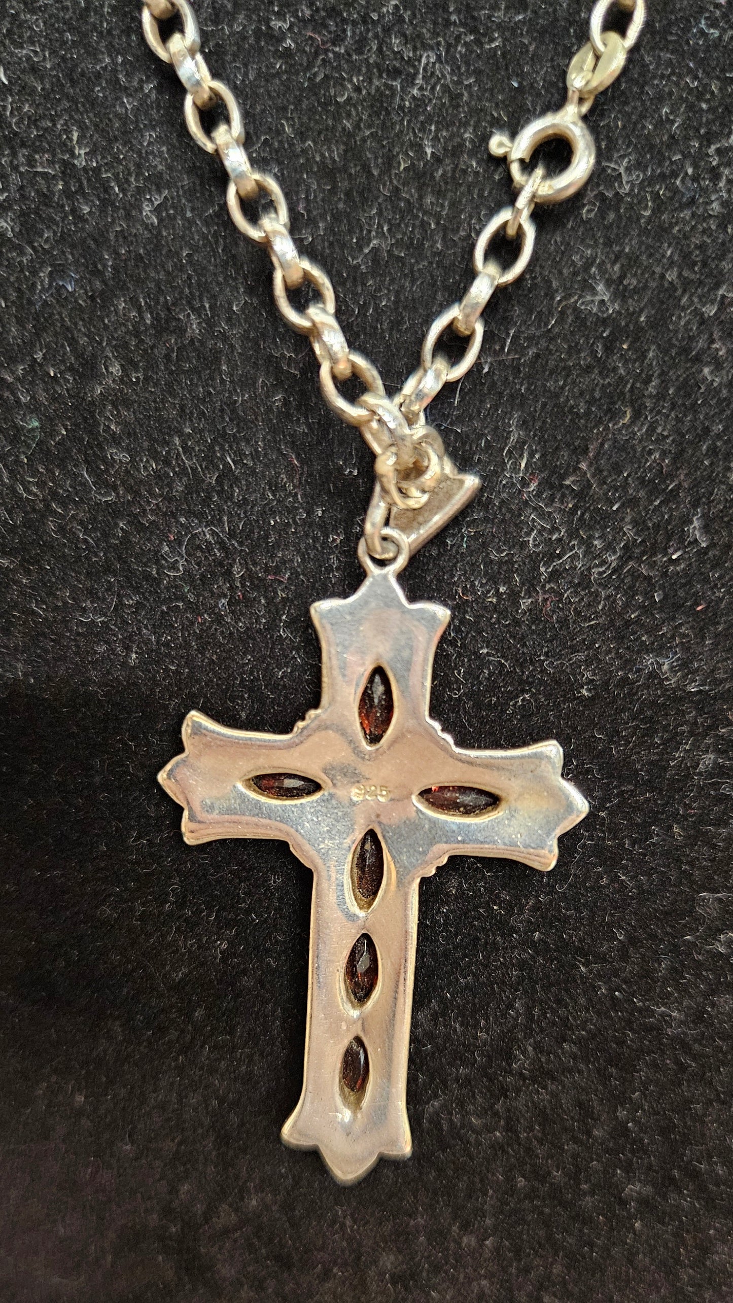 Sterling Silver Cross Pendant with Red Stones and Sterling Silver Chain