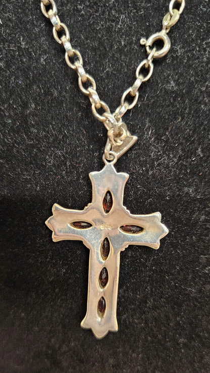 Sterling Silver Cross Pendant with Red Stones and Sterling Silver Chain