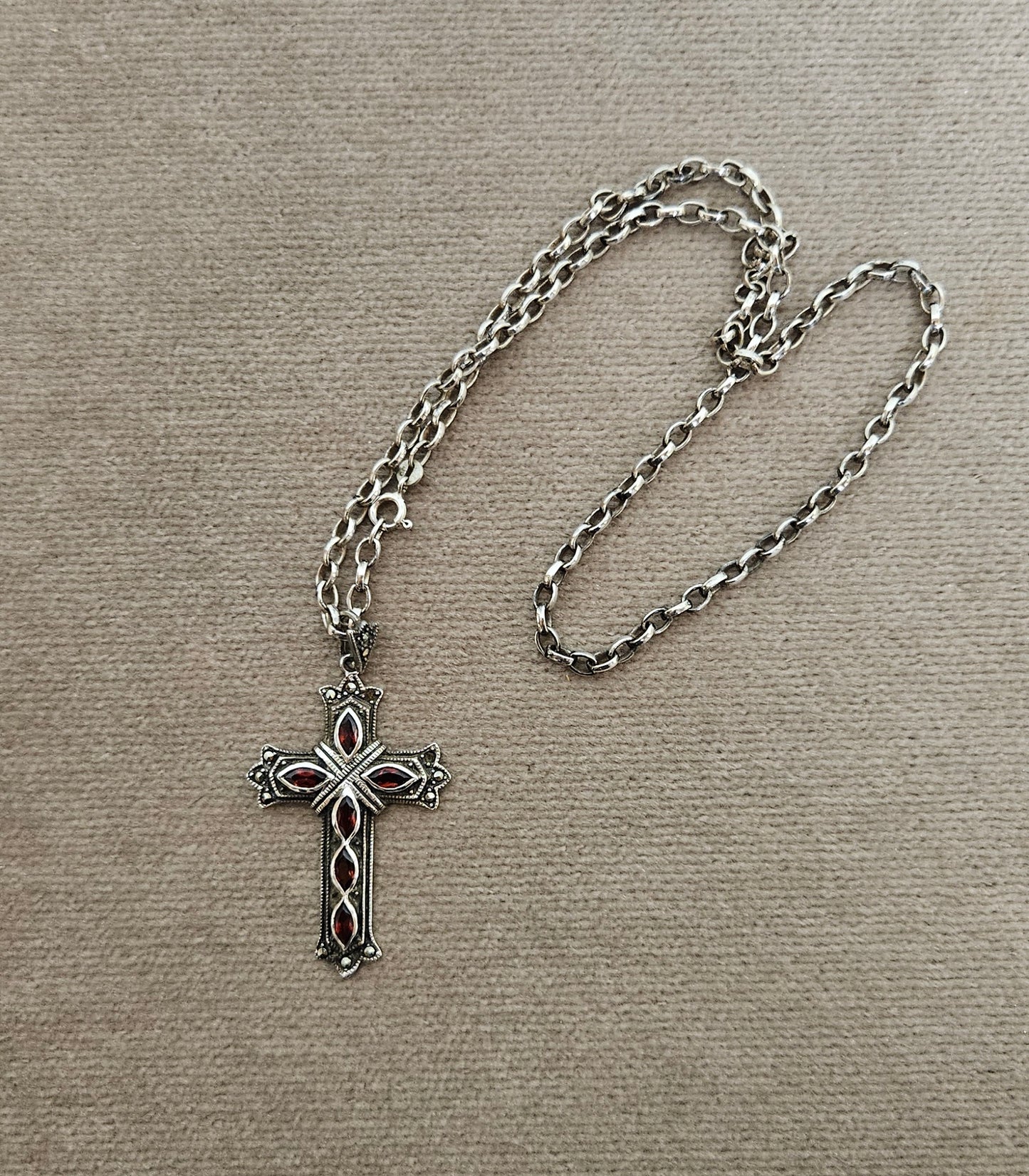 Sterling Silver Cross Pendant with Red Stones and Sterling Silver Chain