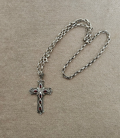 Sterling Silver Cross Pendant with Red Stones and Sterling Silver Chain