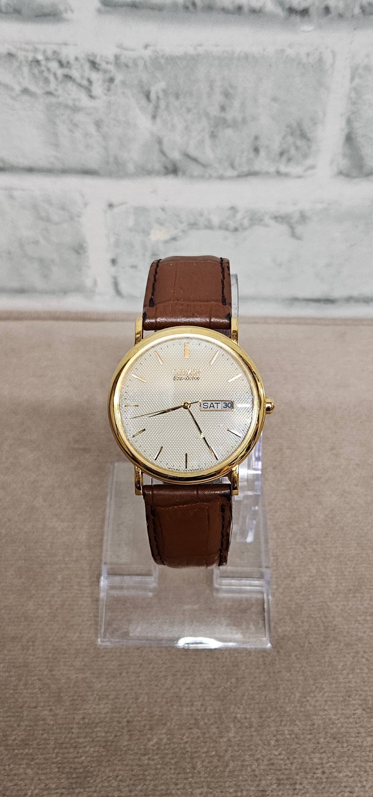 Citizen Eco-Drive Gold Face Brown Strap Wrist Watch