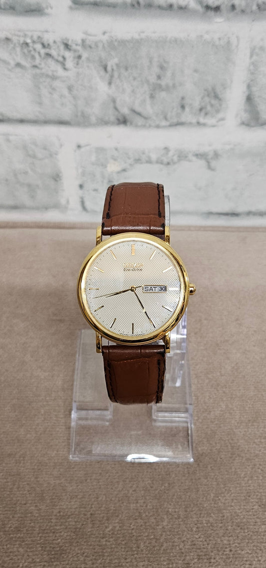 Citizen Eco-Drive Gold Face Brown Strap Wrist Watch