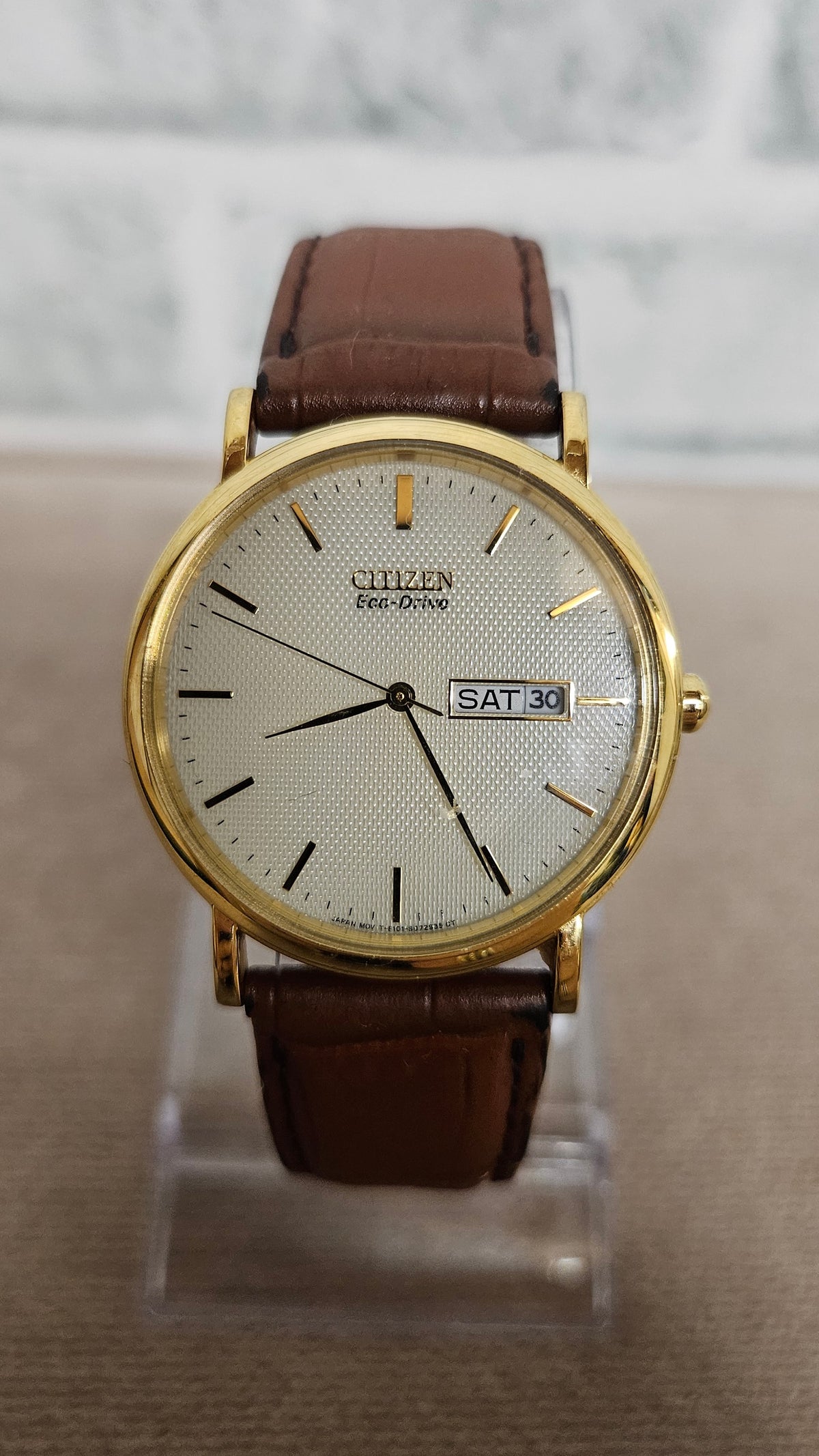 Citizen Eco-Drive Gold Face Brown Strap Wrist Watch