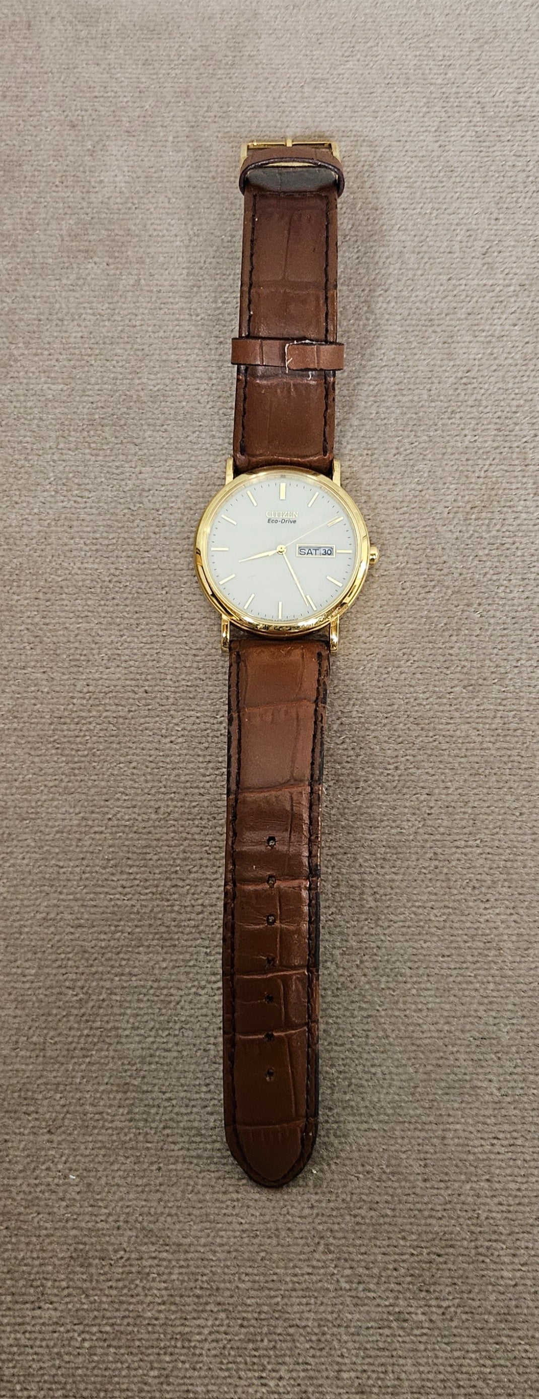Citizen Eco-Drive Gold Face Brown Strap Wrist Watch
