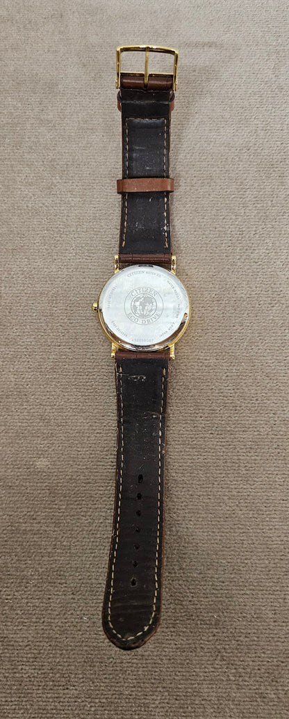 Citizen Eco-Drive Gold Face Brown Strap Wrist Watch