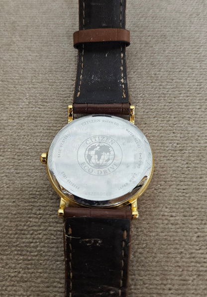 Citizen Eco-Drive Gold Face Brown Strap Wrist Watch