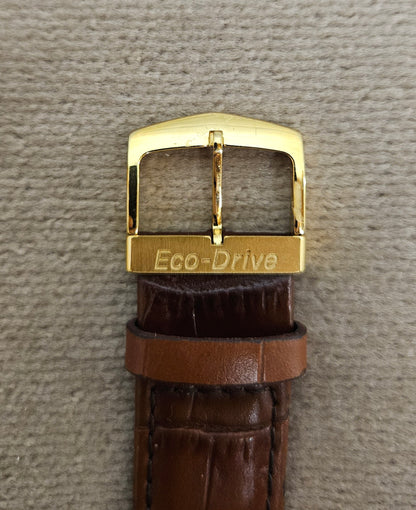 Citizen Eco-Drive Gold Face Brown Strap Wrist Watch