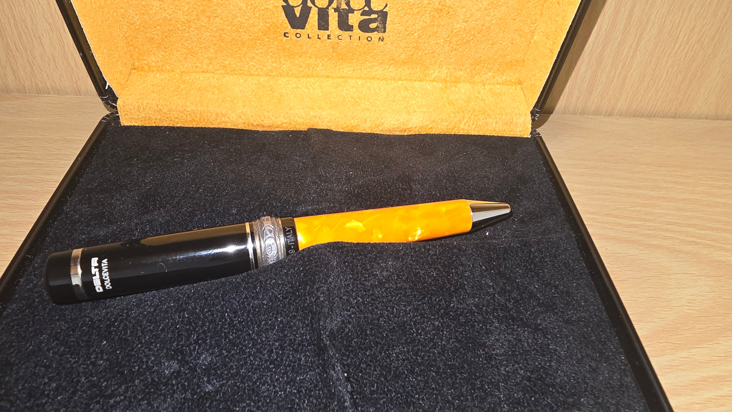 Delta DolceVita Mid-Size Ballpoint Pen - Black and Terracotta Orange Resin with Box and Refill