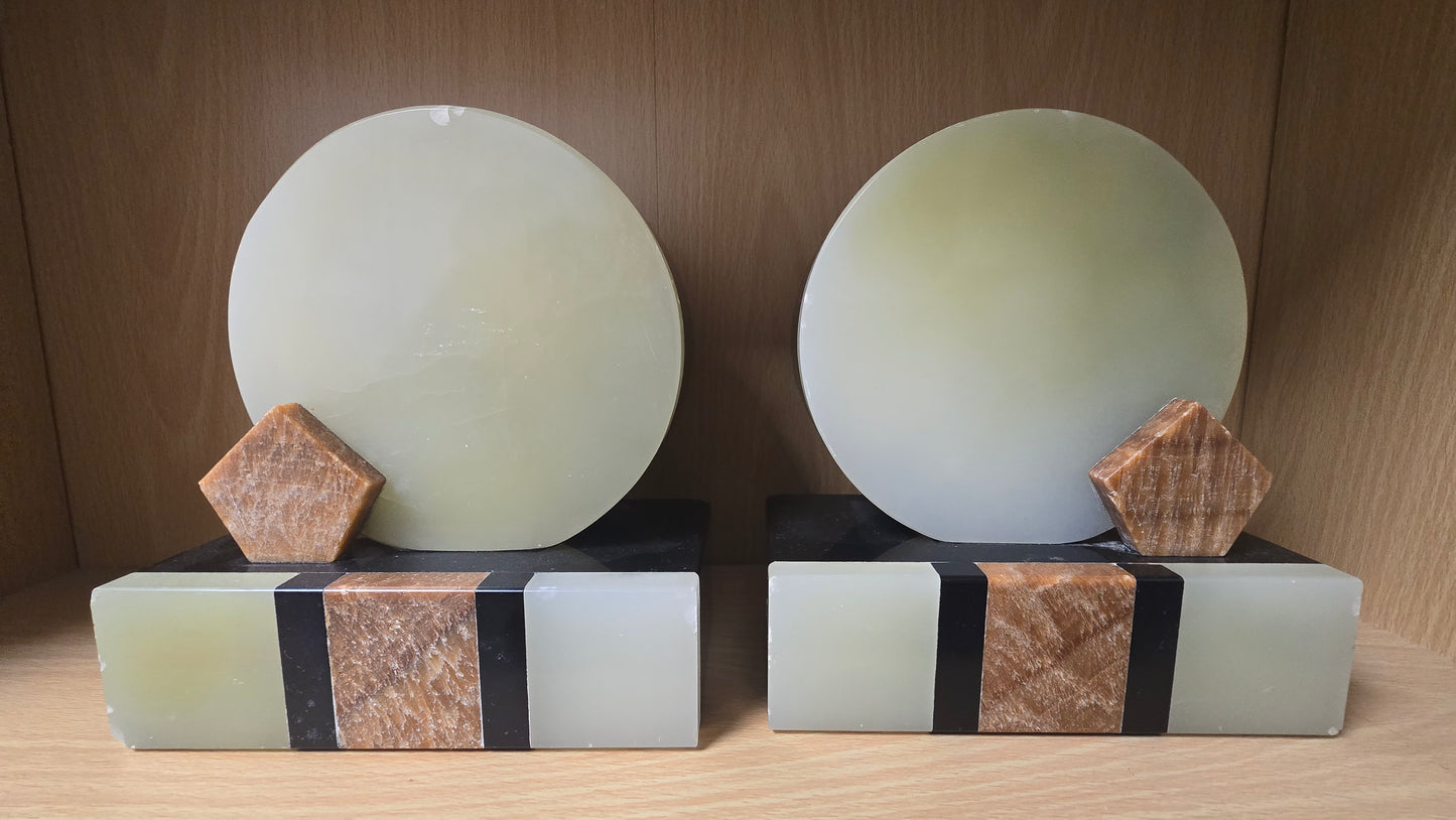 Vintage Art Deco Green Onyx & Black Marble Bookends Pair Mid Century Heavy