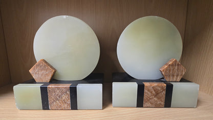 Vintage Art Deco Green Onyx & Black Marble Bookends Pair Mid Century Heavy