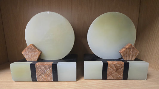 Vintage Art Deco Green Onyx & Black Marble Bookends Pair Mid Century Heavy