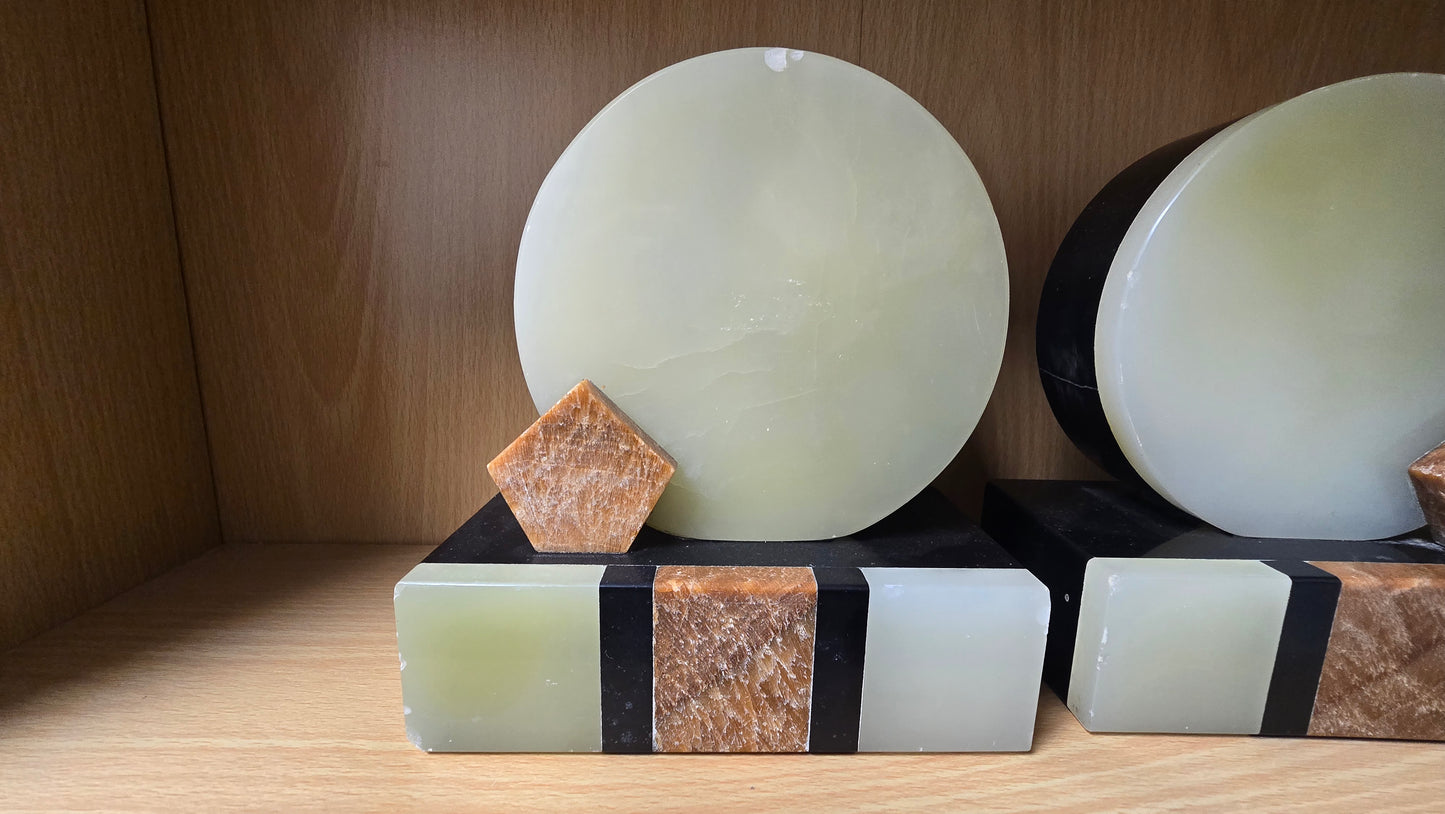 Vintage Art Deco Green Onyx & Black Marble Bookends Pair Mid Century Heavy