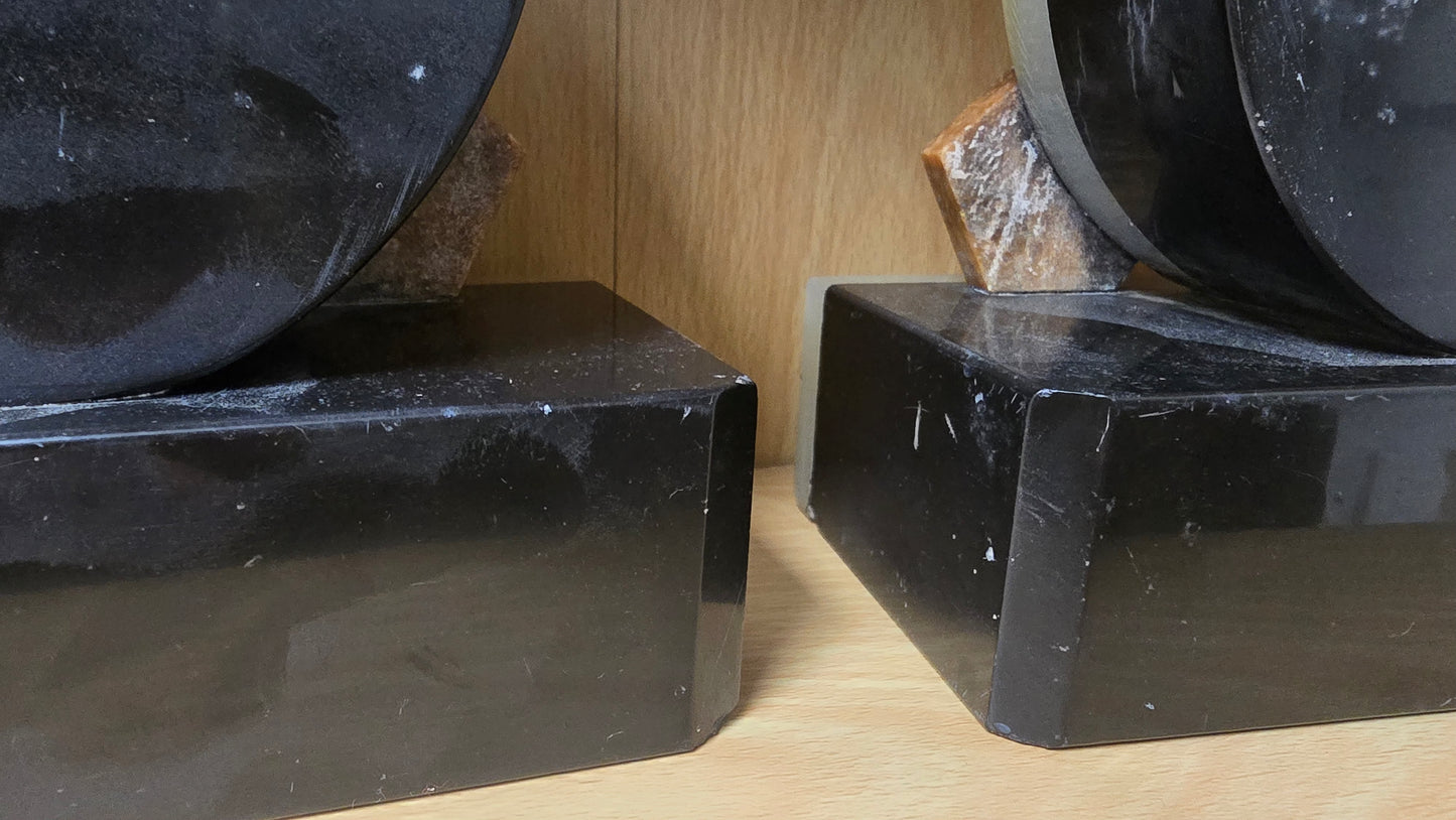 Vintage Art Deco Green Onyx & Black Marble Bookends Pair Mid Century Heavy