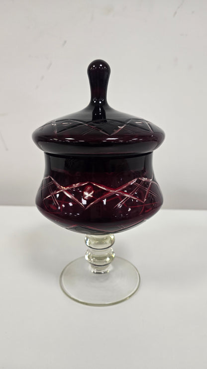 Vintage Bohemian Ruby Red Cut to Clear Crystal Lidded Candy Dish Bonbonniere