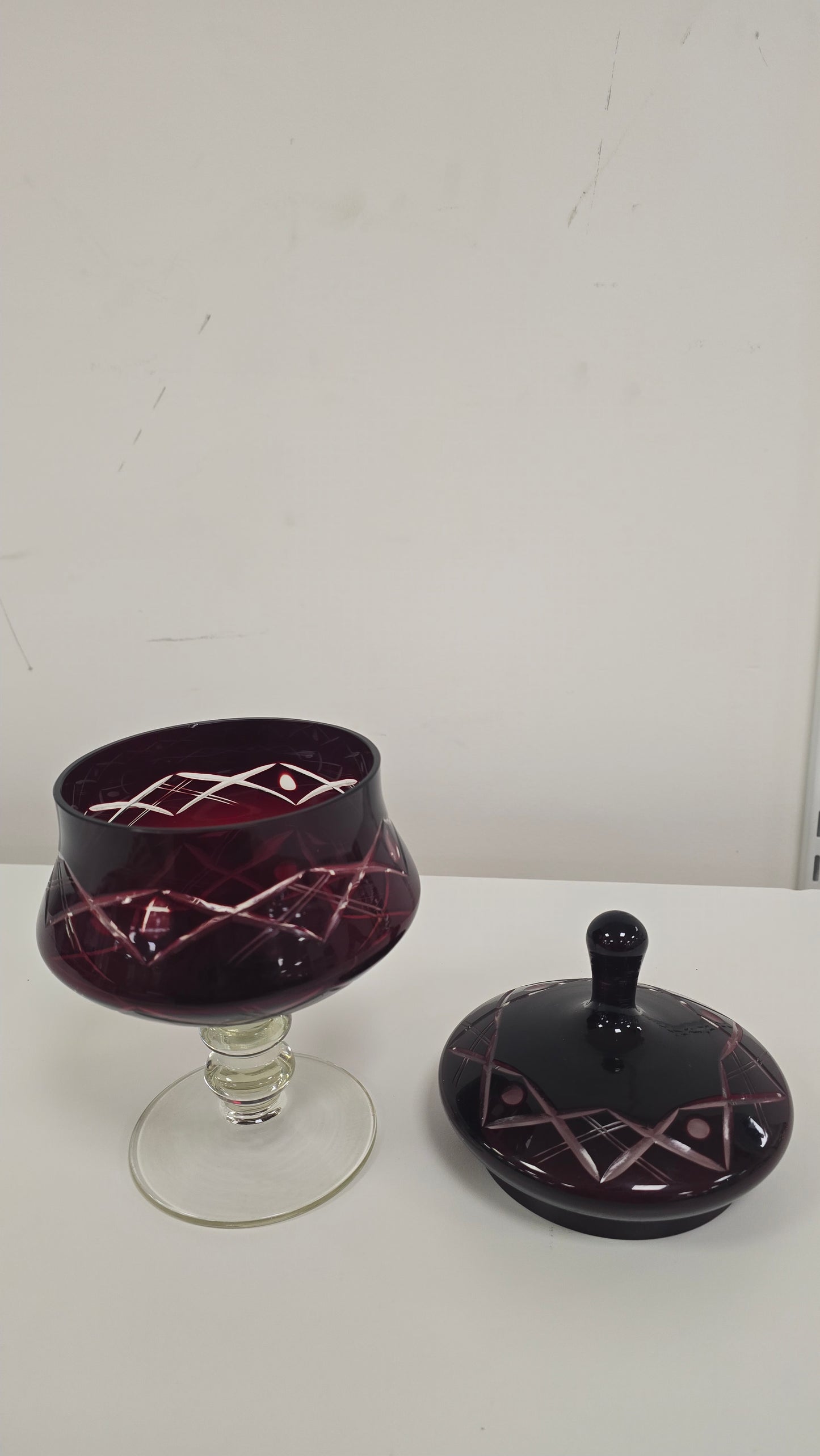 Vintage Bohemian Ruby Red Cut to Clear Crystal Lidded Candy Dish Bonbonniere