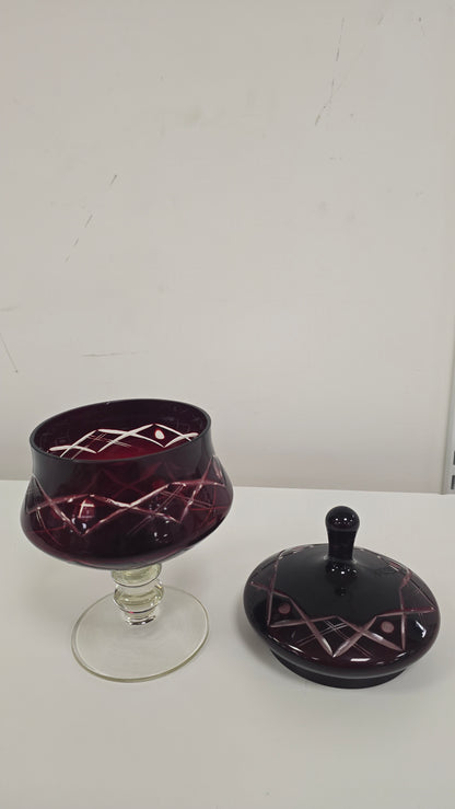Vintage Bohemian Ruby Red Cut to Clear Crystal Lidded Candy Dish Bonbonniere