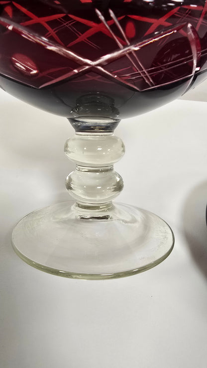 Vintage Bohemian Ruby Red Cut to Clear Crystal Lidded Candy Dish Bonbonniere