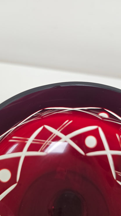 Vintage Bohemian Ruby Red Cut to Clear Crystal Lidded Candy Dish Bonbonniere