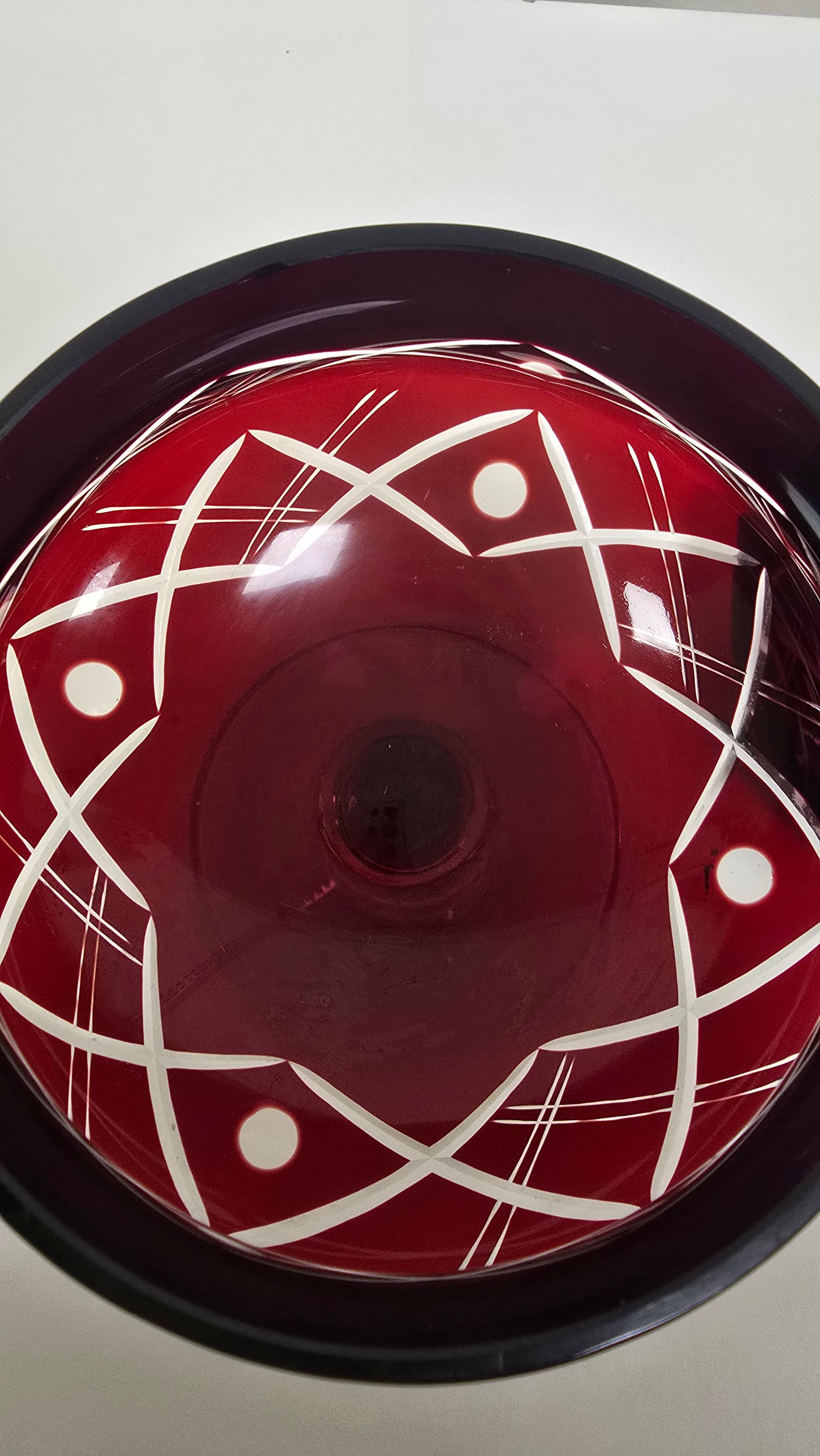 Vintage Bohemian Ruby Red Cut to Clear Crystal Lidded Candy Dish Bonbonniere