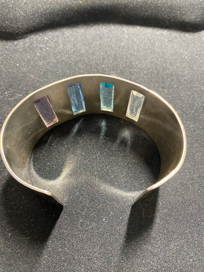 Kevin Oliver Vintage Silver 925 Cuff Bracelet with Rectangular Multi Coloured Stones